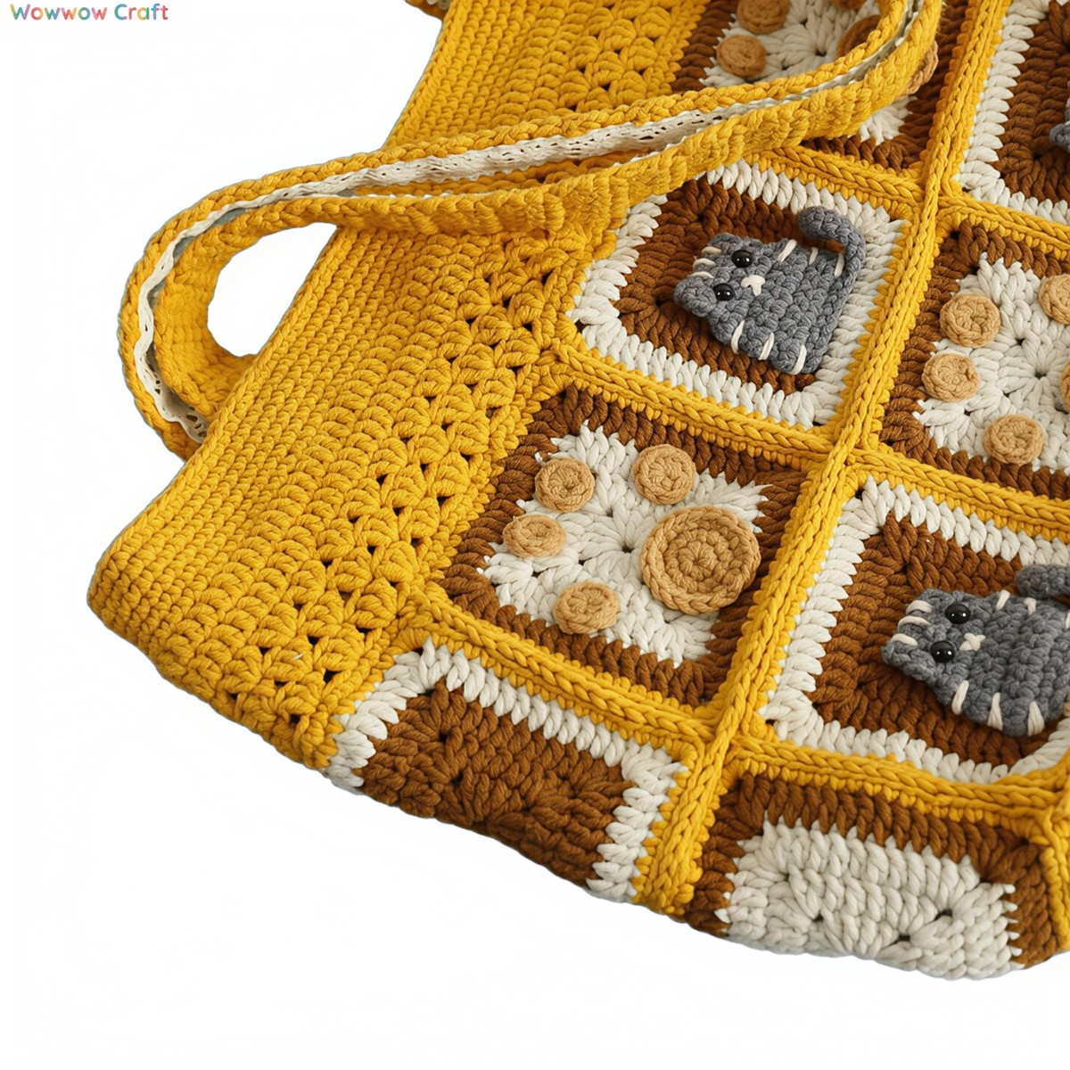 Shoulder Bags,Totes,Crochet Bags,Dark Yellow Flowers Embroidery Granny Square Tote crocheted with Snow Fairy Yarn - High quality handmade crocheted shoulder bag